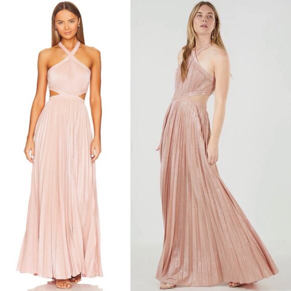 NWT NEW BCBGMaxAzria Pink Pleated Metallic Cross Neck Evening Gown Size 8 - Picture 1 of 3